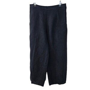 FLAX Womens 100% Linen Wide Leg Pants, Lagenlook, Black, Pockets, Size S
